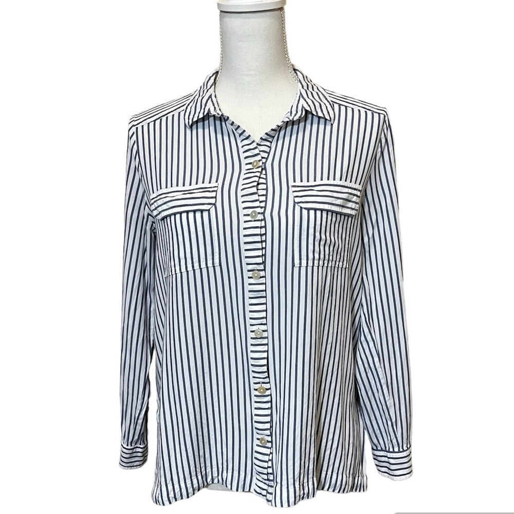 J. Jill Striped Button Up Shirt White and Blue